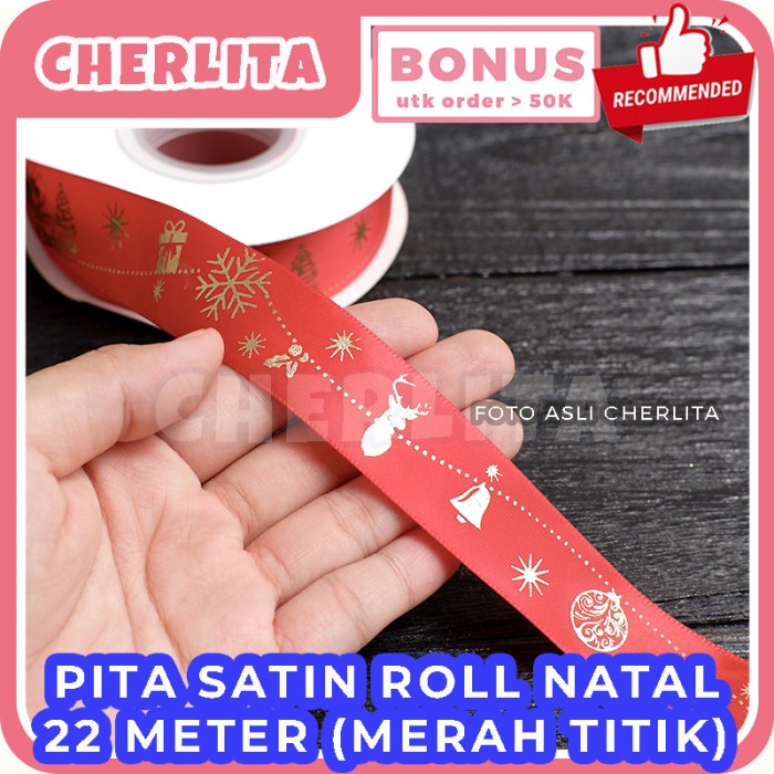 

(COD) Pita Natal Christmas Satin 25 Yard 22 Meter Ribbon Kado Hampers - Merah Titik