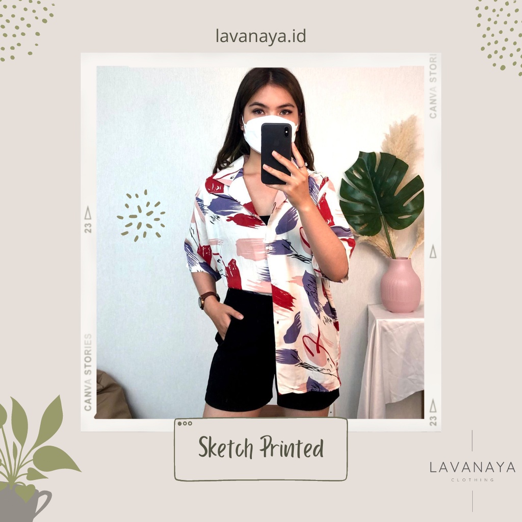 Lavanaya | Kemeja Wanita Printed Korea Lengan Pendek Sketch Printed Shirt