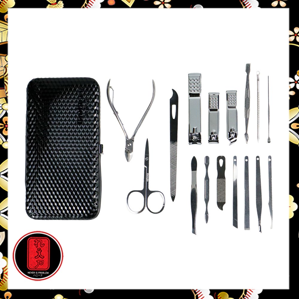 Set Perawatan Kuku Nail Art Manicure Pedicure 16 in 1 - MJ1096-01 - Black/ gunting kuku set stainless / Perawatan kuku / perawatan kuku alat kecantikan / perawatan kuku dan kaki / Bast Seller