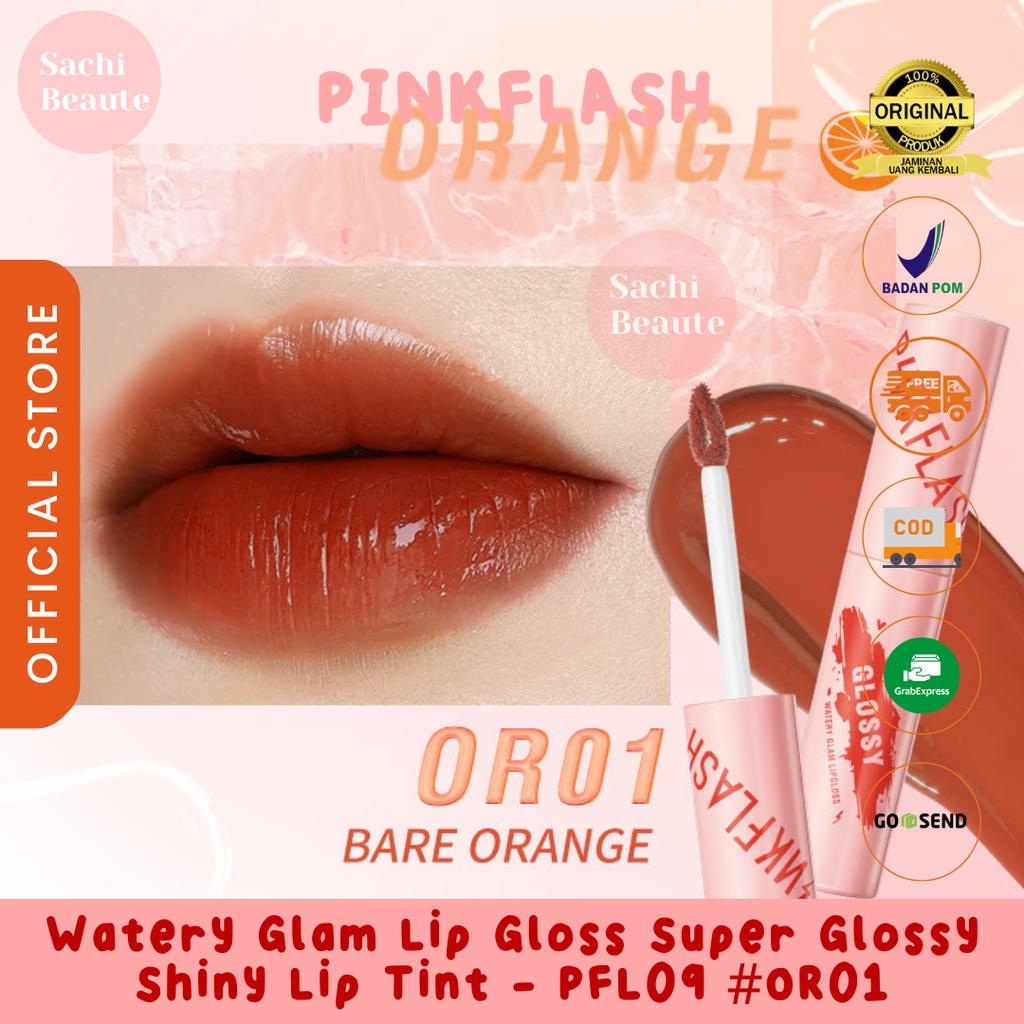 PINKFLASH Watery Glam Lip Gloss Lipstick Super Glossy Shiny Moisturizing Non Sticky Long Lasting Meremajakan Bibir - OR01