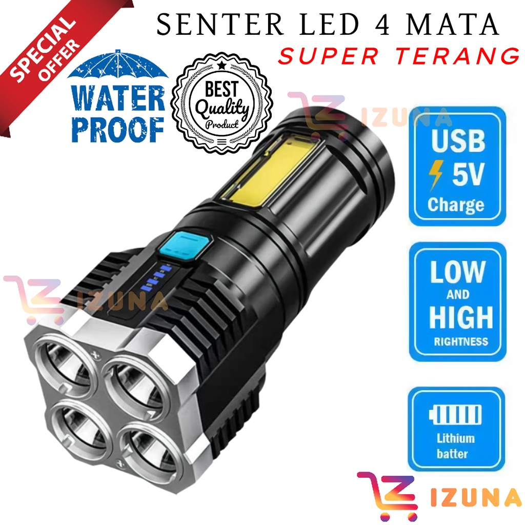 [IZUNA] SENTER LED 4 MATA + COB LED SUPER TERANG FREE KABEL CAS USB / SENTER PORTABLE 4 LED / SENTER CAMPING / SENTER 4 MODE JARAK JAUH