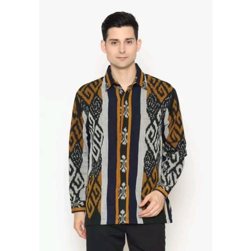 Kemeja lengan panjang tenun blanket motif toraja/ Atasan pria etnik tenun craft jepara