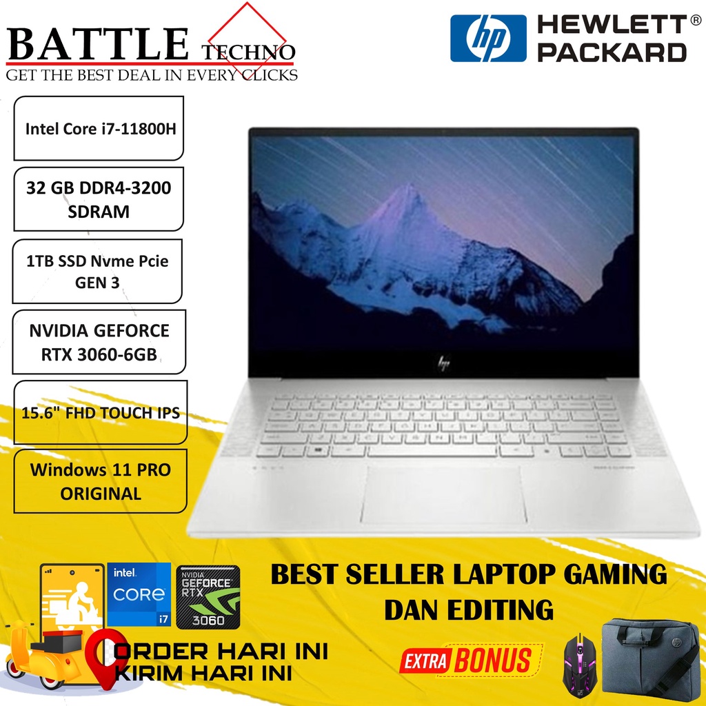 LAPTOP HP ENVY 15 INTEL I7 11800H 32GB 1TB SSD RTX3060-6GB FHD TOUCH IPS BACKLIT FINGERPRINT WIN11PRO TERBARU