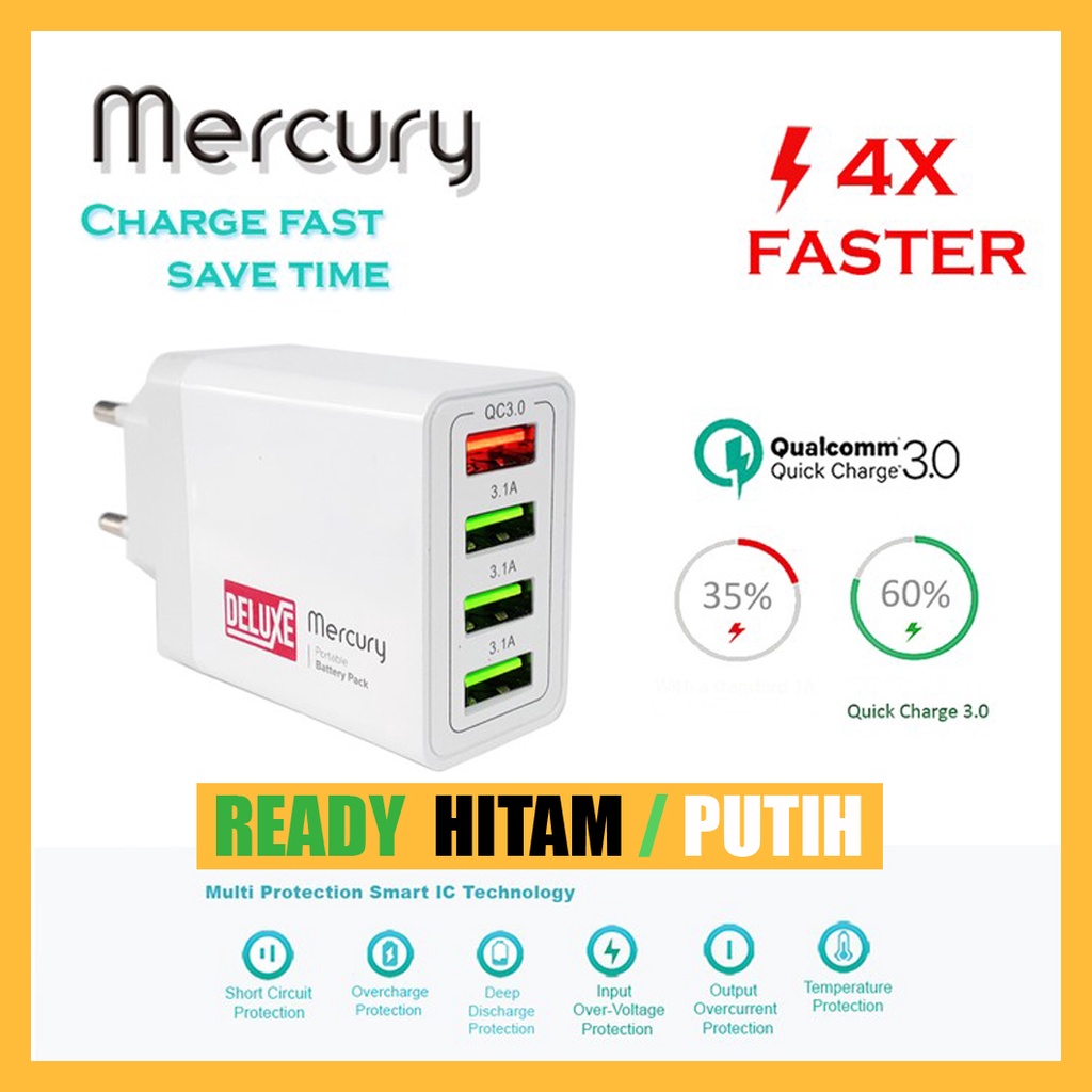 Mercury Deluxe Adaptor 2 USB / 4 USB Fast Charging Quick Charge 3.0 2.4A / 3.1A