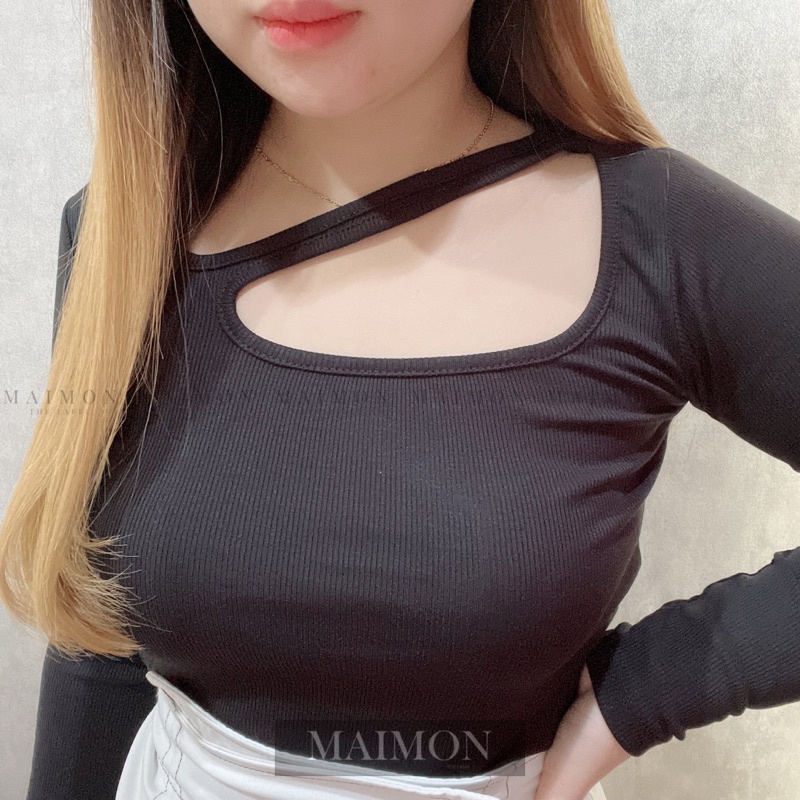 Long Sleeve Rib Fitted Asymmetric Cut Out Top | Atasan Lengan Panjang Korean Fashion | Maimon Grosir