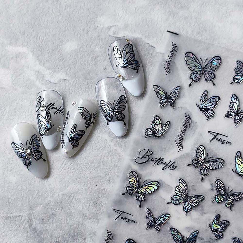 AUGUSTINA Agustina Stiker Kuku Kupu-Kupu Wanita Ins Style Hand Painted Butterfly Rose Nail Stickers Stars Huruf Inggris Nail Art Dekorasi