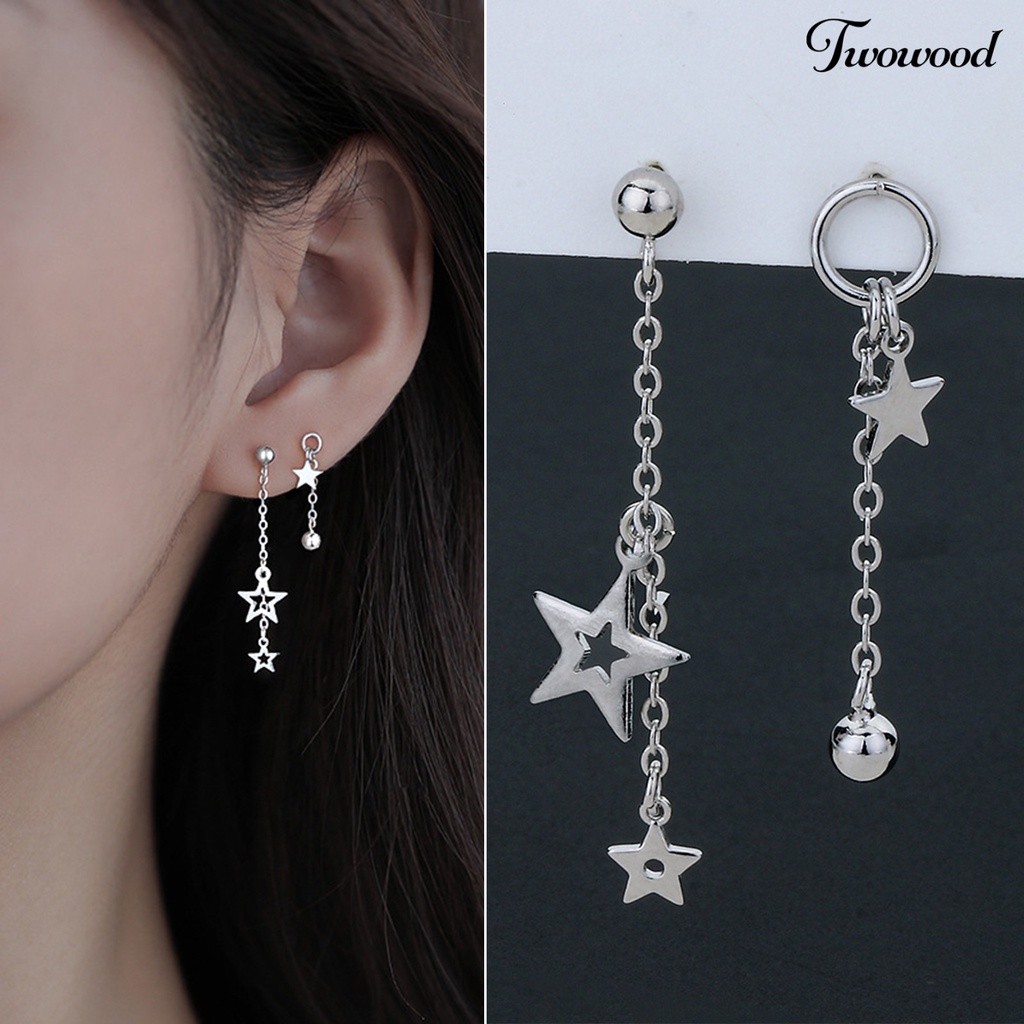 1 Pasang Anting Juntai Bentuk Bintang Asimetris Warna Solid