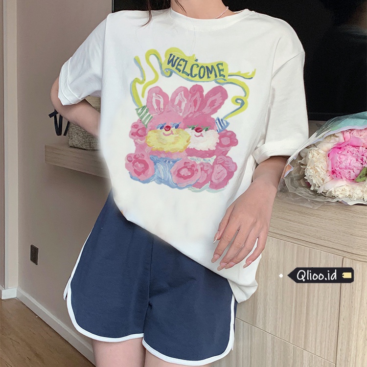 Print T-shirt Kaos Lengan Pendek Wanita Pink Bear Oversize Korean Style