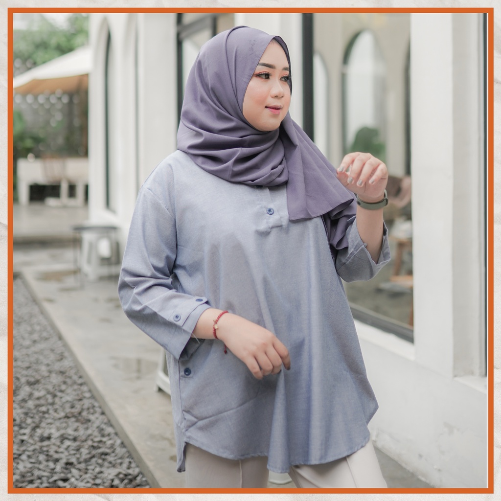 Ezpata Blouse Deynim Polos Atasan Wanita Jumbo LD 128cm Bigsize Katun Semi Denim Kancing Depan Model Terbaru Kekinian Termurah