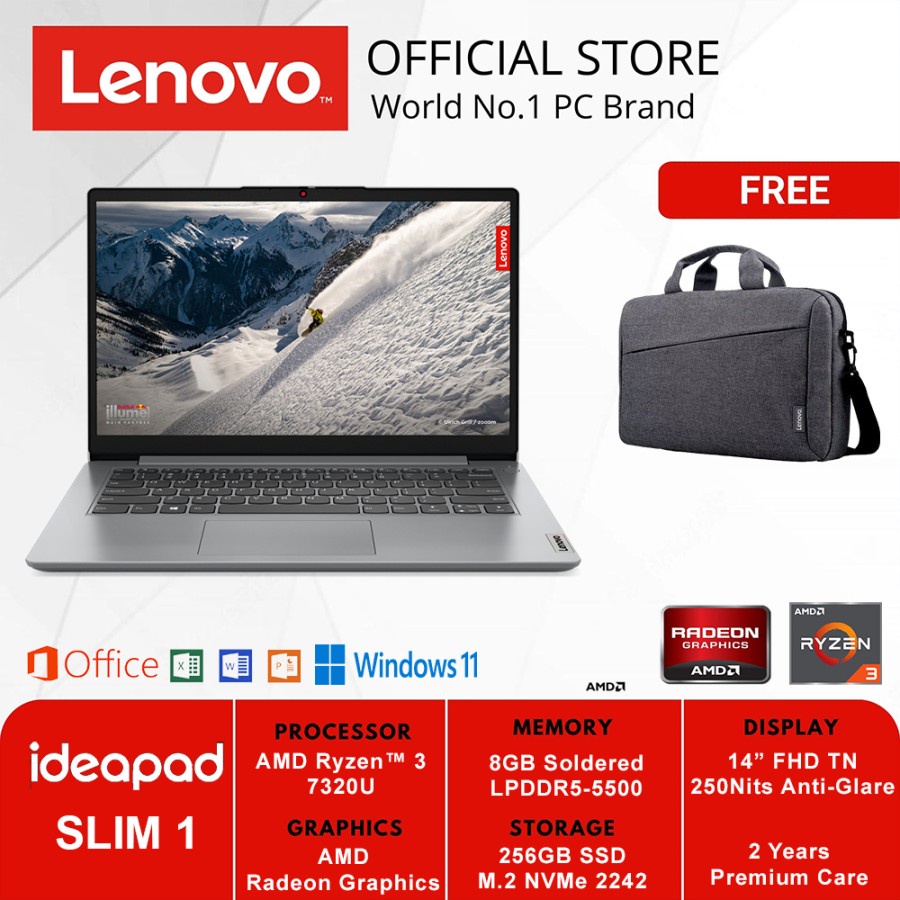 LAPTOP Lenovo Ideapad Slim 1-14AMN7 3HID GREY AMD R3-7320 8G 256G SSD 14&quot; WINDOWS 11 + OHS