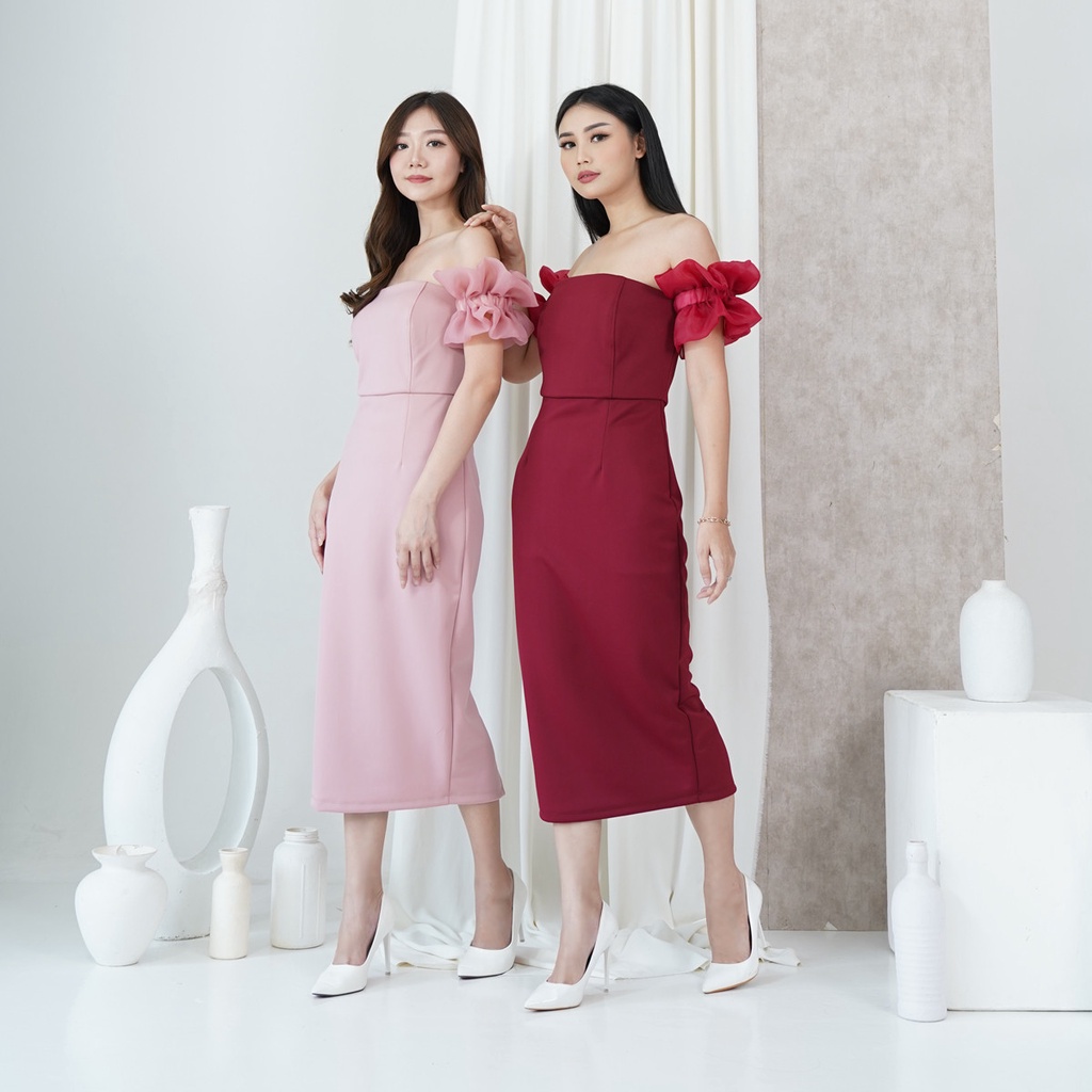 MIDI DRESS RUFFLE ORGANZA YING - Gaun Pesta Wanita Elegan | Party Dress Korean Style | Baju pesta wa