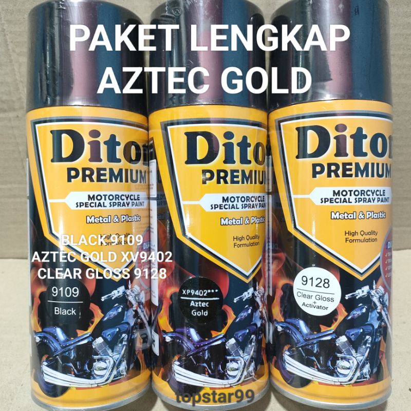 Pilok Cat Diton Premium Paket Lengkap 3 Kaleng Aztec Gold XP9402 Xirallic Xiralic Emas Black 9109 Clear Gloss 9128 400cc Pilok Paketan Cat Semprot Special Spray Paint