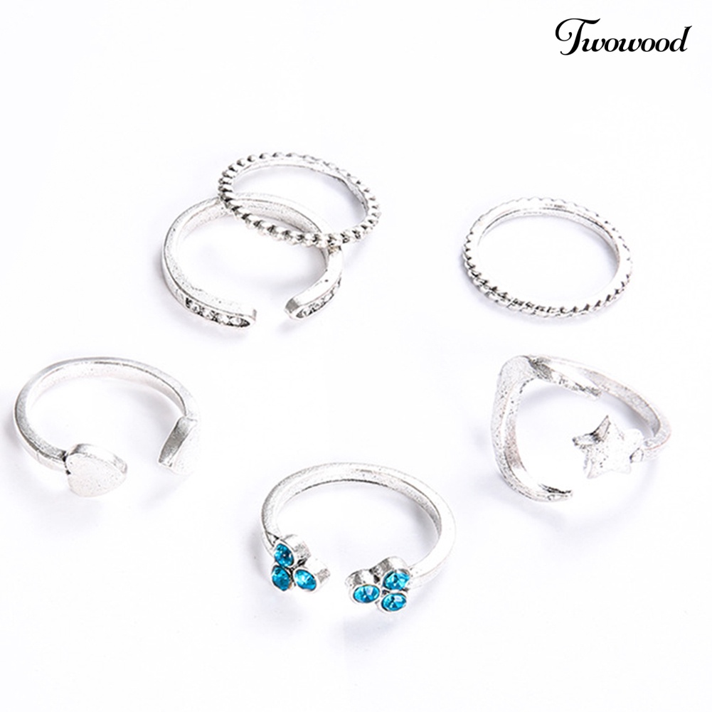 6pcs / Set Cincin Buku Jari Model Terbuka Desain Bulan Bintang Hati Untuk Wanita