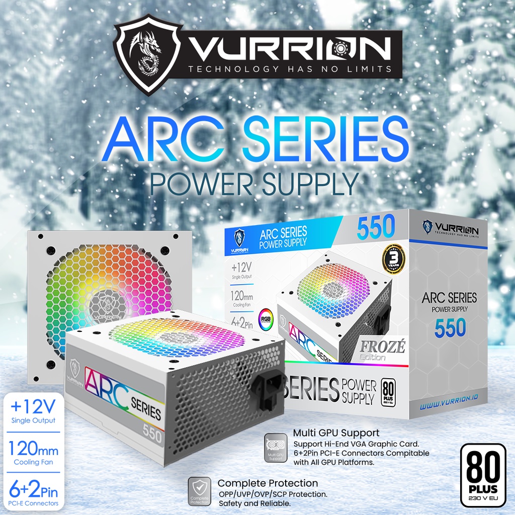 Power Supply 550W ARC Series Vurrion PSU Gaming 500Watt 80 Plus White Vurion Resmi