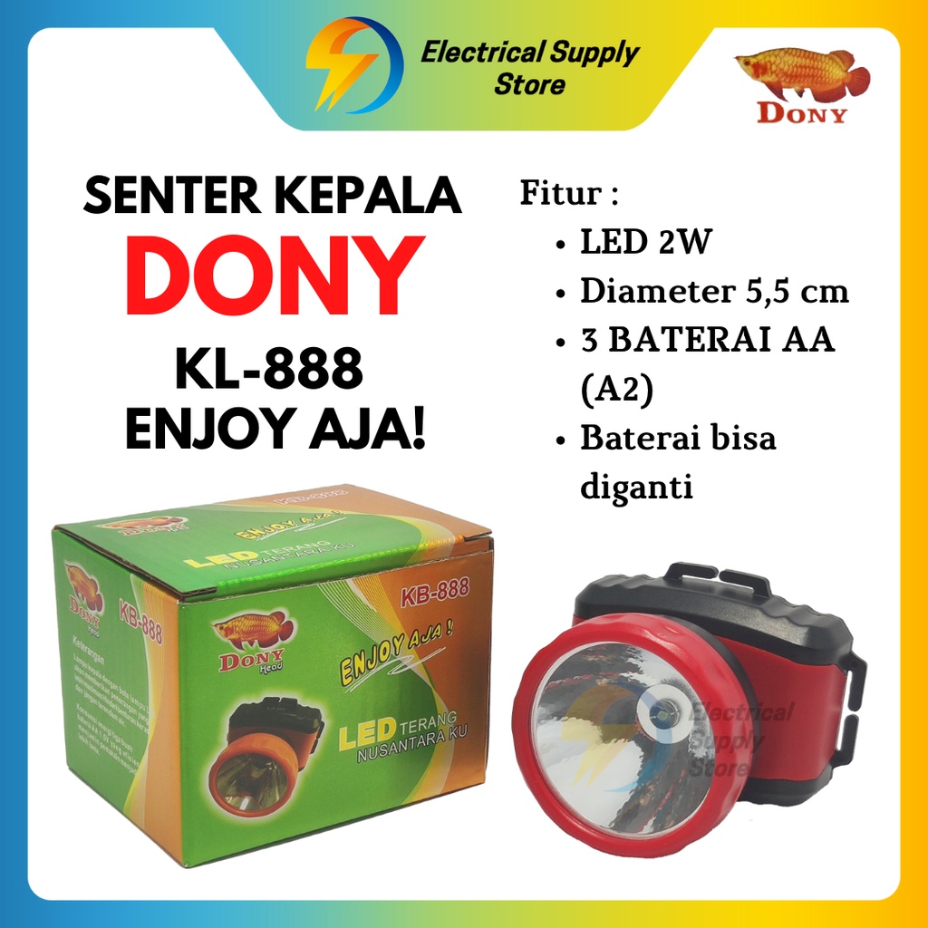 SENTER KEPALA DONY KB-888 CAHAYA PUTIH | LED 2 W | SUPER MURAH | BATERAI AA | LENSA KACA