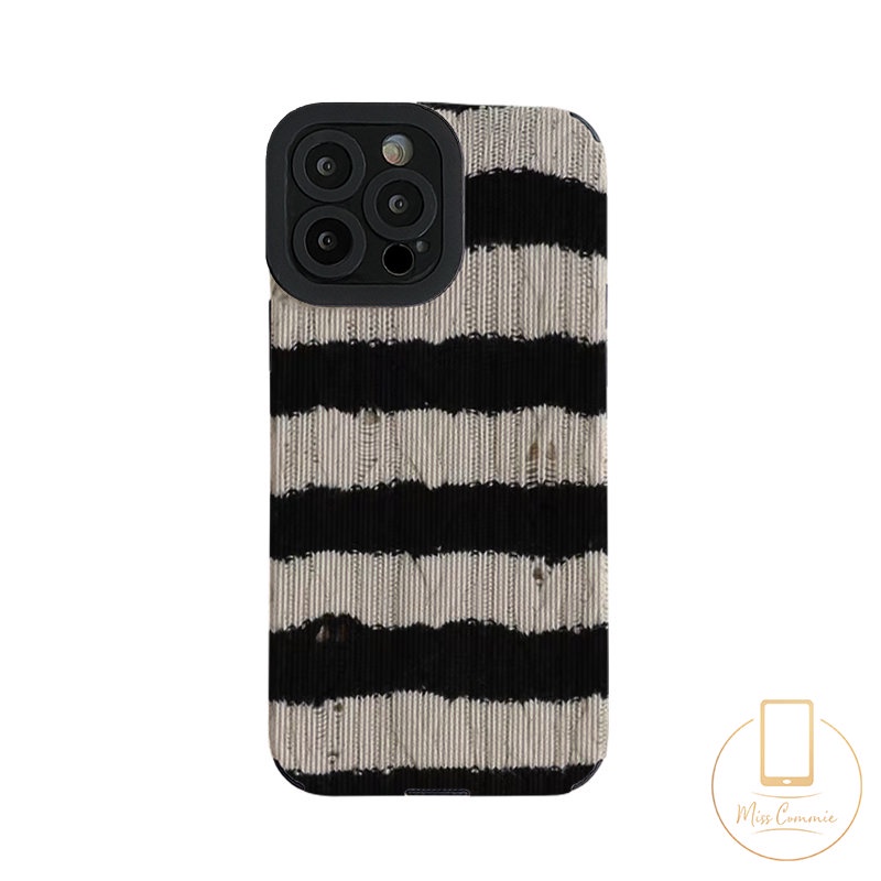 Soft Case Silikon Tekstur Kulit Garis Hitam Putih Tahan Banting Untuk iPhone 7Plus 8Plus 11 14 13 12 Pro Max XR X XS Max 7 8 Plus