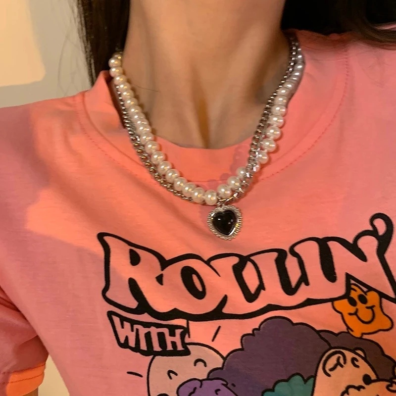 YEEZII Kalung Rantai Choker Y2K Silver Hias Liontin Hati Pink Tulip Mutiara Kristal Permata Untuk Wanita