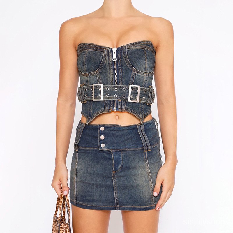 #Sisjuly# Set Rok Pendek Jeans Bungkus Manis Manis Mode Wanita Baru