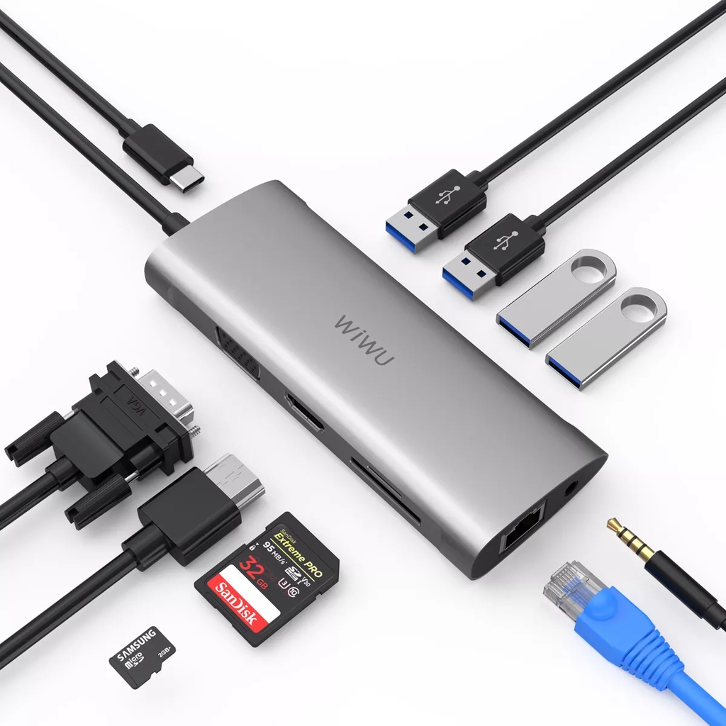 WIWU ALPHA 11 in 1 USB C to USB 3.0 HUB / HDMI / SD / TF / RJ45 / VGA / JACK / TYPE-C / MULTI PORTS