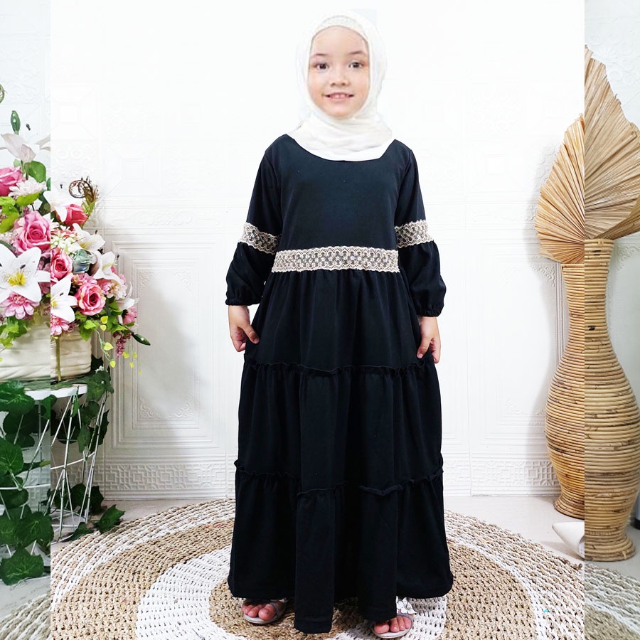 CARLINA MAHIRA ANAK MUSLIMAH DRESS 3 SUSUN RENDA PINGGANG LENGAN BALON 2-13tahun