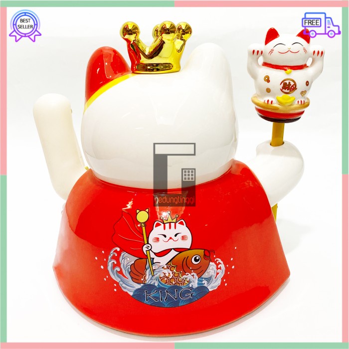 Pajangan Patung Hiasan Boneka Dekorasi Kucing Bawa Panggil Rejeki Rezeki Hoki Maneki Neko Maneko Neki ManekiNeko Lucky Cat Keberuntungan Baterai Batrai Batre Listrik Tangan Goyang Gerak Meja Kasir Toko Resto Cafe Cina China Jepang Jumbo Besar XL Keramik