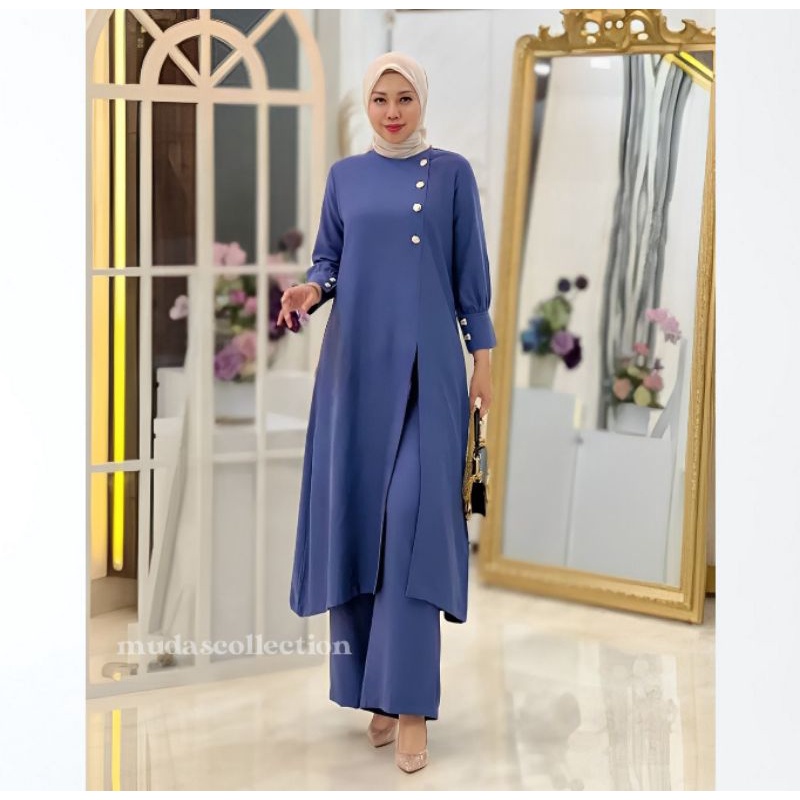 Adeline One Set Jumbo Setelan Long Tunik Dan Celana Panjang Baju Setelan Wanita Kekinian Bahan Crinkle Outfit Kondangan