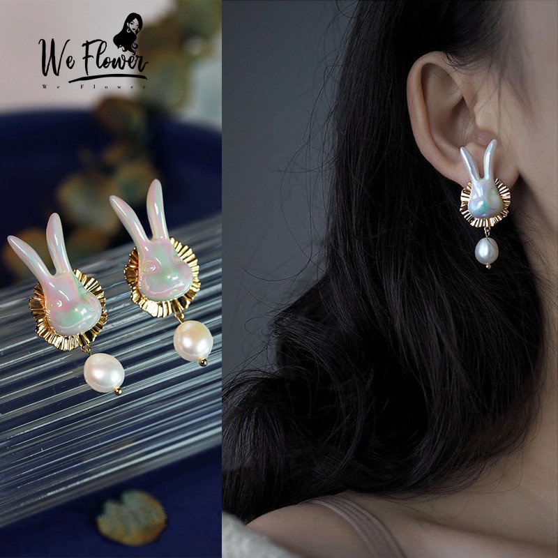 We Flower Anting Drop Desain Kelinci Bunga Aksen Mutiara Gaya Korea Untuk Wanita