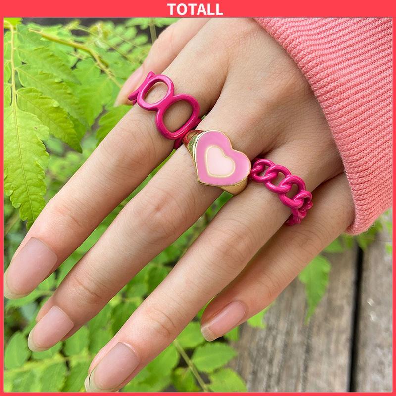 COD 3PCS Heart Geometry Rings Cincin Geometri Jantung Cincin Mode Menetes Minyak yang Dapat Disesuaikan untuk Aksesoris Perhiasan Wanita-Totall