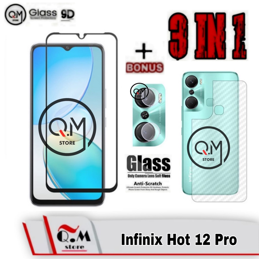 Paket 3in1 Tempered Glass infinix Hot 12 / Infinix Hot 12 Play / Infinix Hot 12 Pro / Infinix Hot 12i Screen Guard Anti Gores Kaca Pelindung Layar Full 9D