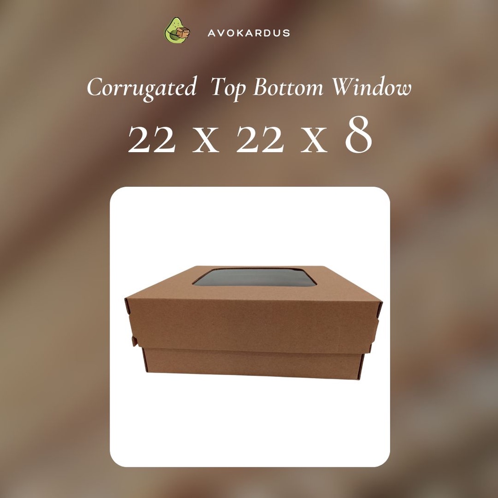 

Kardus Corrugated Window 22x22x8 Top Bottom Kotak Dus Kue Tart Tutup Lubang Mika