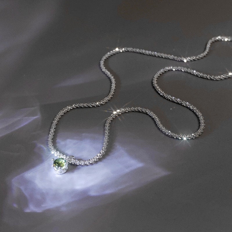 Kalung Rantai Klavikula Liontin Zircon Warna Silver Hijau Gaya Korea Untuk Wanita