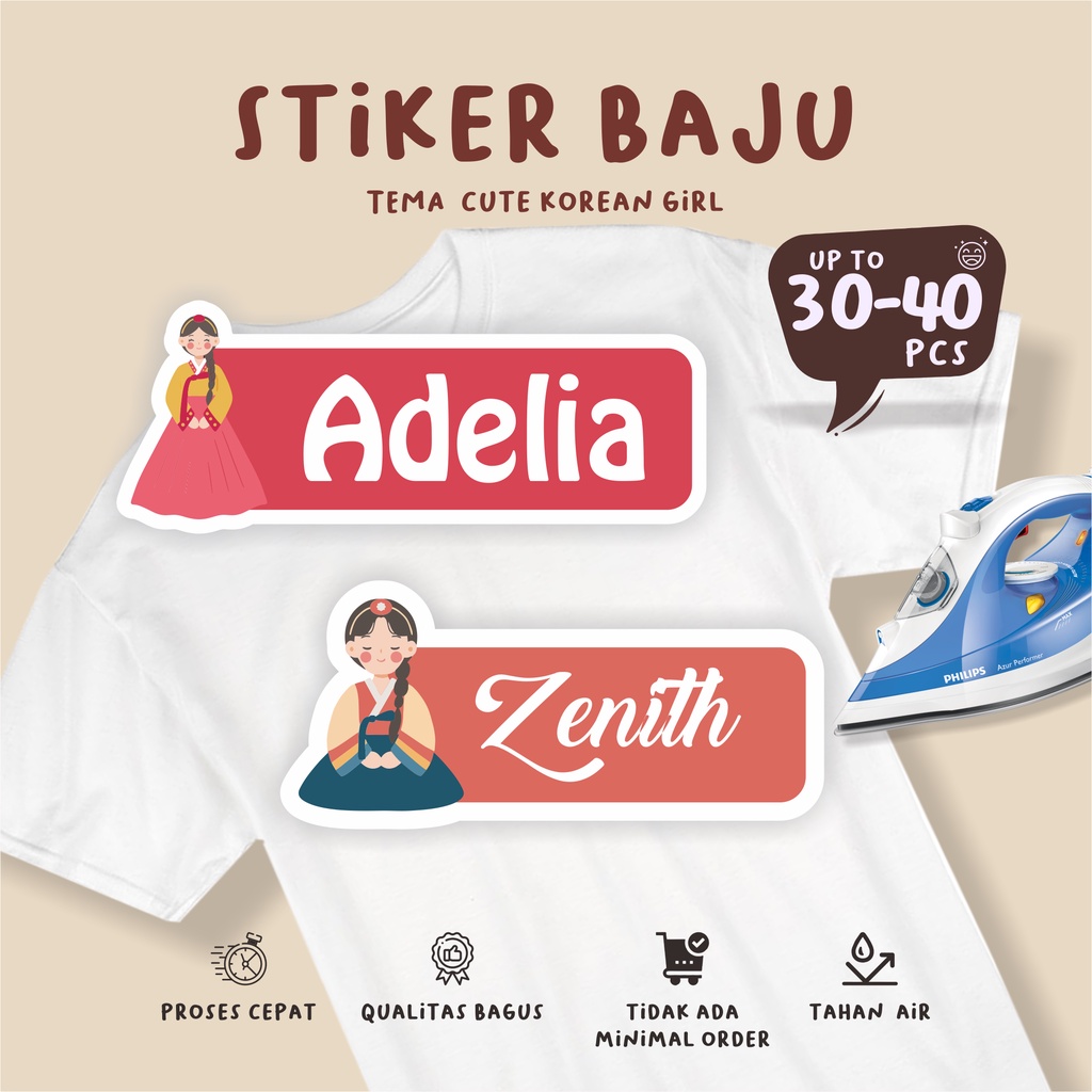 

(30-40pcs)Murahh dapat banyak/bisa request nama/ Stiker Kain Label Baju Nama Anak tema KOREA CEWEK / Sablon Setrika Name /Label Sticker Iron on sticker a