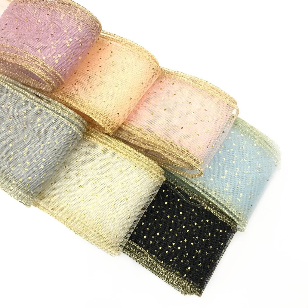 1 YARD - PITA TULLE GLITTER POLKADOT GOLD NECI/ PITA ORGANDI/ PITA KADO