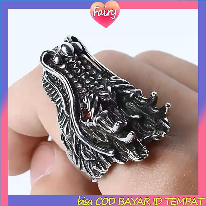 Cincin Desain Ukiran Kepala Naga Bahan Cubic Zirconia Gaya Punk Untuk Pria F