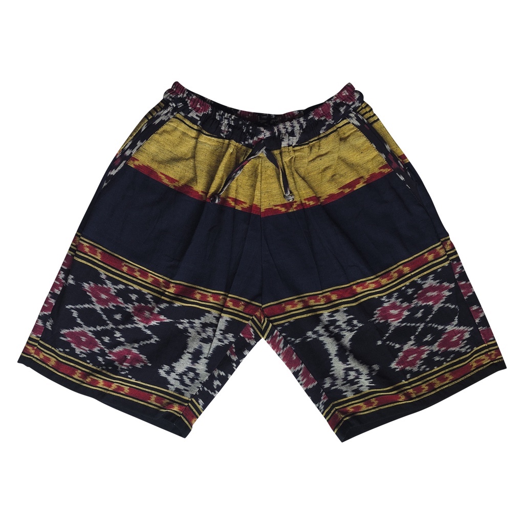 celana pendek pria motif kain tenun - hitam kuning