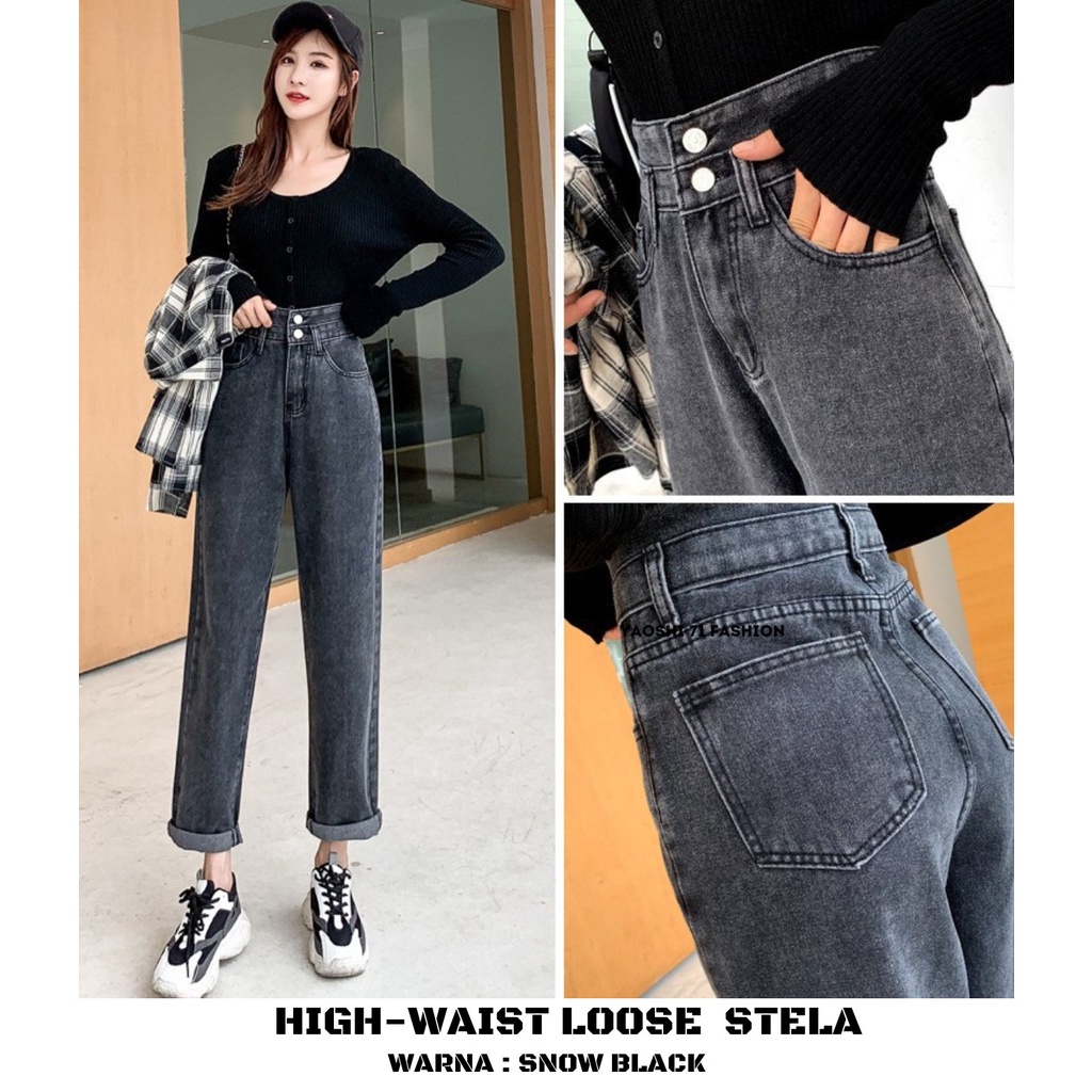 YAOSHI- Celana Denim /Jeans Wanita Pinggang Tinggi - Boyfie Loose Stella Premium Size 27-34