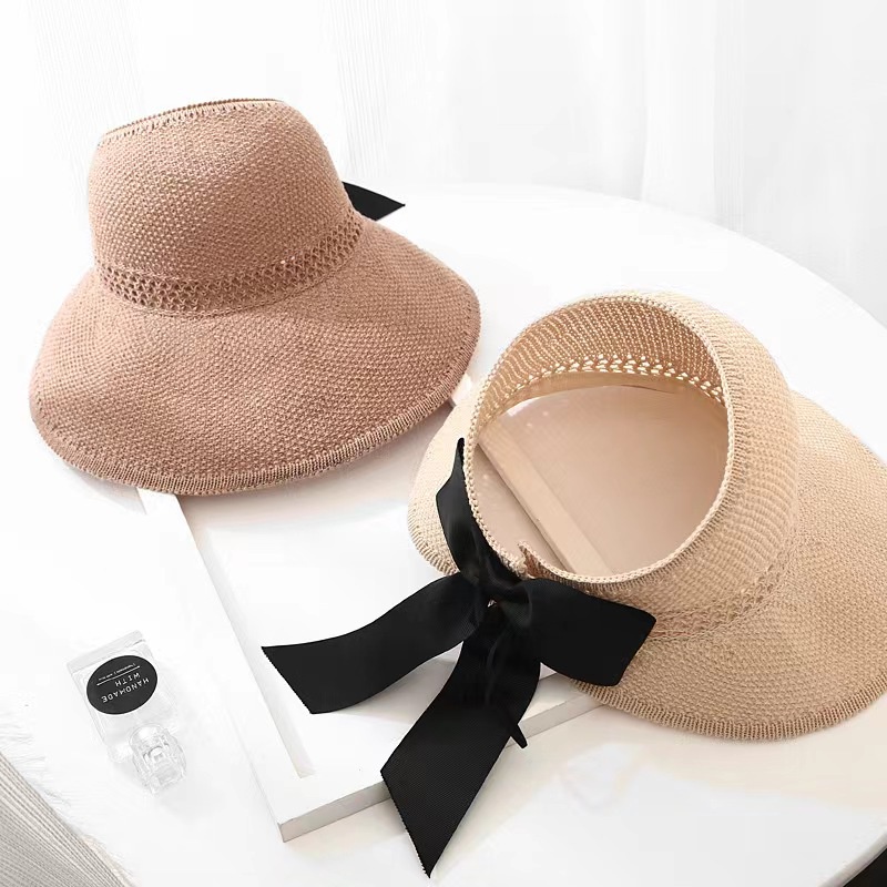 Topi Pantai Rajut Pita Korea Fashion Topi Wanita Bisa Dilipat Topi Rajut Sun Visor Hat - BM01