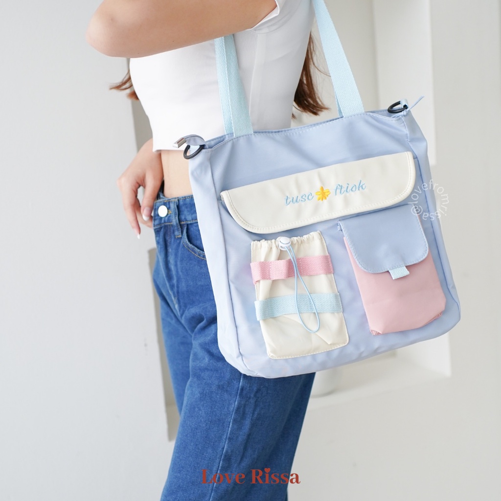 Tas Iris Tas Korean Style Tas Wanita Tas Selempang Tote Bag 2 in 1 Tas Sekolah Tas Cantik Lucu Solid Color Love Rissa