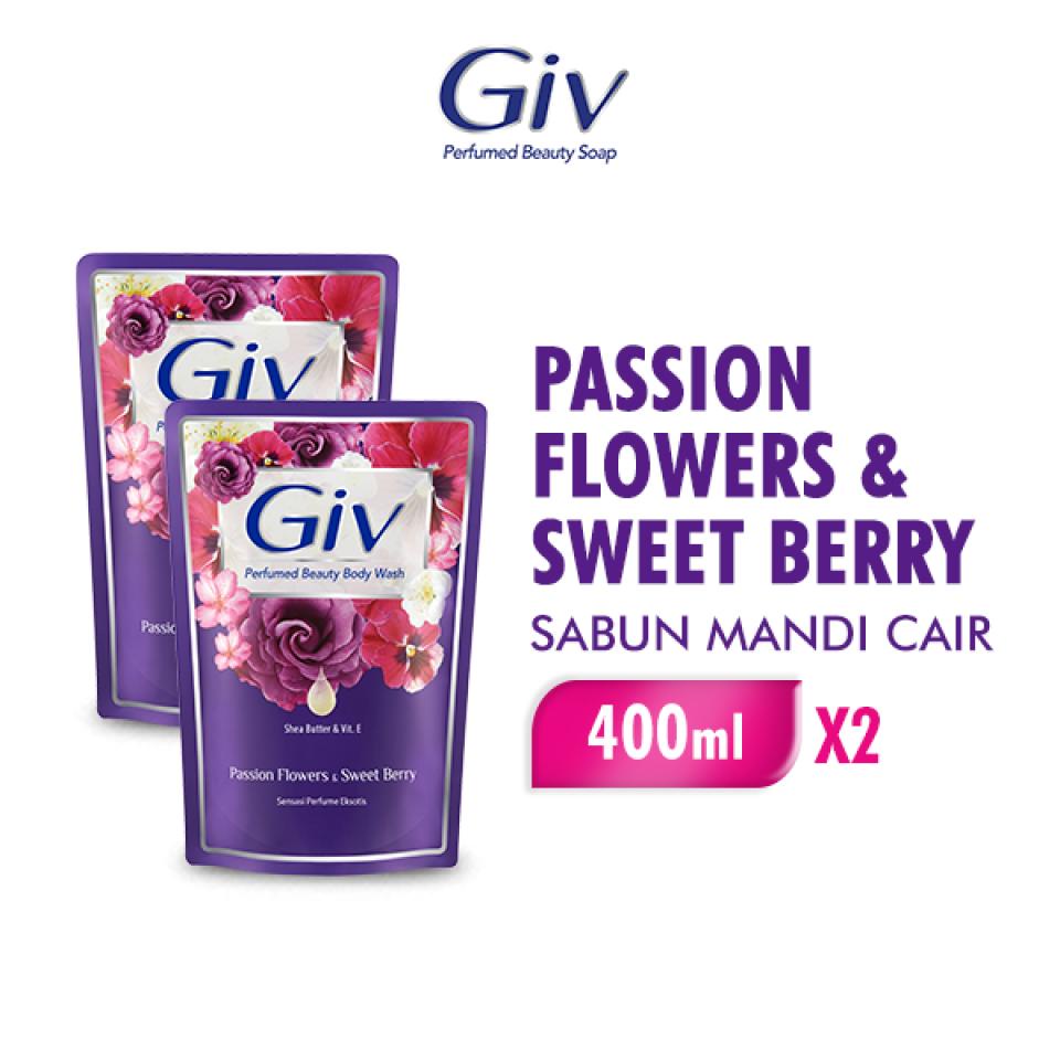 Giv Sabun Mandi Cair Ungu Passion Flowers & Sweet Berry Pouch 400 ml x2