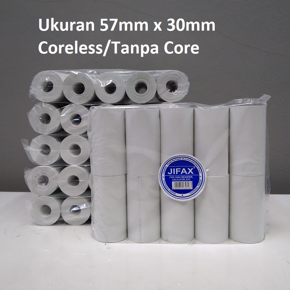 

Jifax Kertas Thermal 57mm x 30mm Coreless 1 dus isi 100 roll