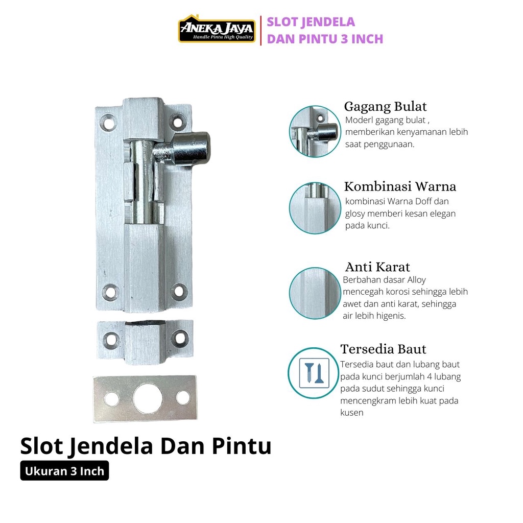 Grendel Slot jendela / kunci jendela / perlengkapan jendela ukuran 2 inch 5 cm dan 3 inch bahan allumunium