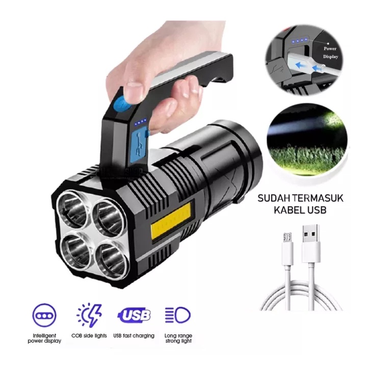 Senter L-20 Gagang LED 4 Mata 48W + 20W Lampu COB 4 Mode Rechargeable Portable Cahaya Super Terang