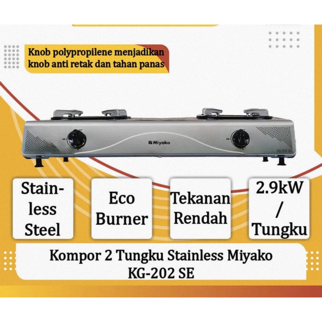 Kompor Miyako 2 tungku KG-202 SE - Bodi stainless Steel