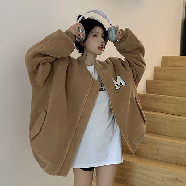 Red American letter bordir bisbol seragam kardigan sweater wanita musim gugur dan musim dingin plus beludru menebal kuliah gaya longgar ceruk atas tren