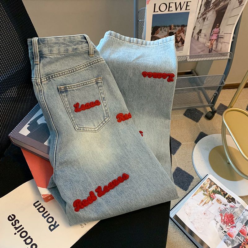 Suhao Amerika INS Retro High Street Surat Bordir Jeans Wanita Tide Merek Rasa Desain Longgar Lurus Lebar Kaki Mengepel celana