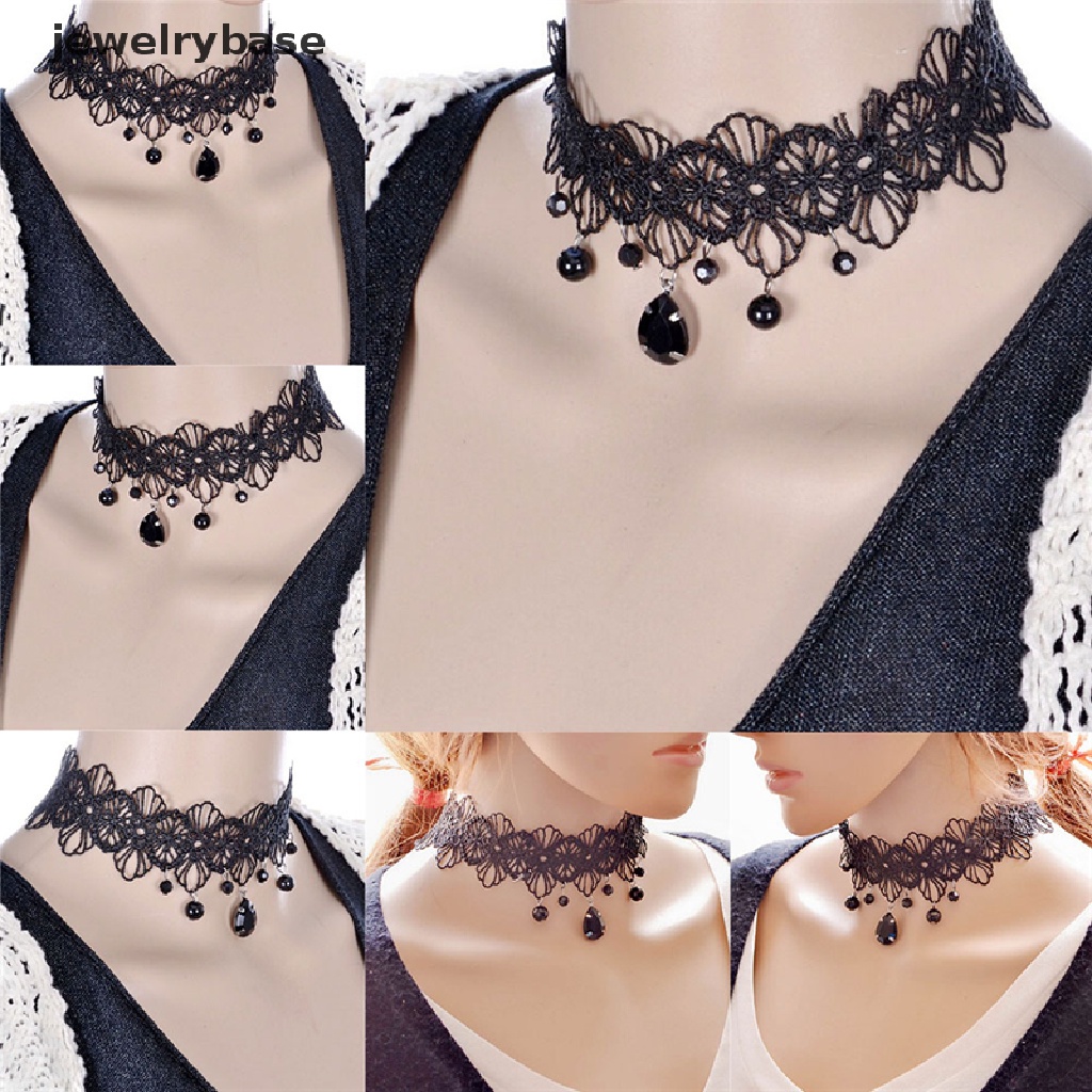 Kalung Choker Bahan Lace Warna Hitam Dengan Liontin Bunga Gaya Gothic Retro