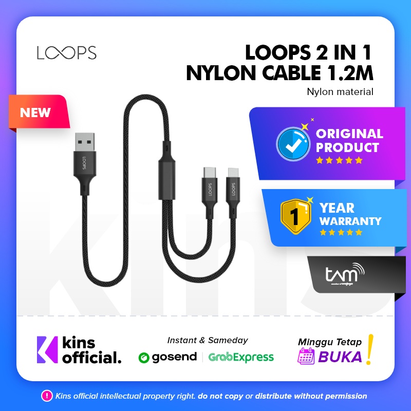 Loops 2 in 1 Nylon Cable 1.2M - Black