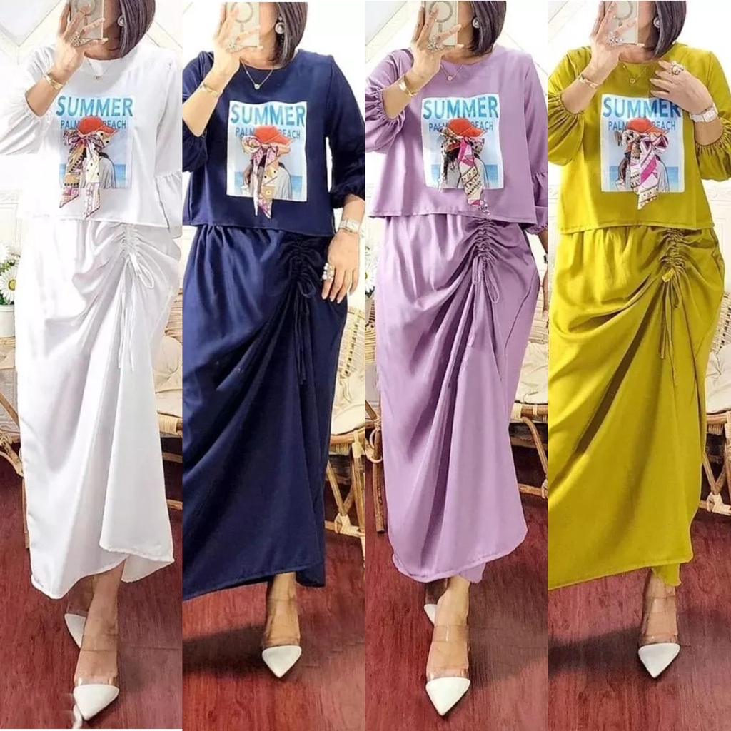 Summer one set / one set rok / one set wanita kekinian / setelan wanita kekinian fashion muslim / setelan rok wanita kekinian fashion muslim / stelan wanita kekinian / setelan rok tunikwanita muslim / one set kekinian wanita / stelan kekinian wanita terba