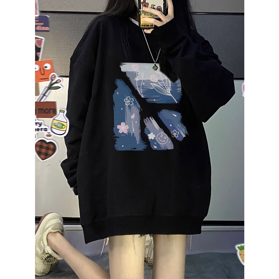 EUNII Sweater Lengan Panjang Cartoon Painting Landscape Korean Style/Hoodie Oversize/Baju Wanita/Switer Wanita