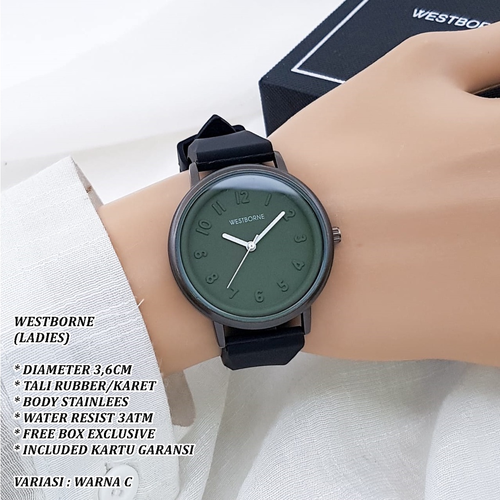 (FREE BOX) JAM TANGAN WESTBORNE WANITA FASHION TALI RUBBER BODY BULAT ANGKA POLOS